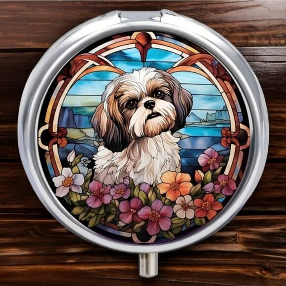 Shih Tzu 🐶 Pill Box Medicine Mini Case Mirror Dog Mom Travel Portable Compact - Picture 2 of 8